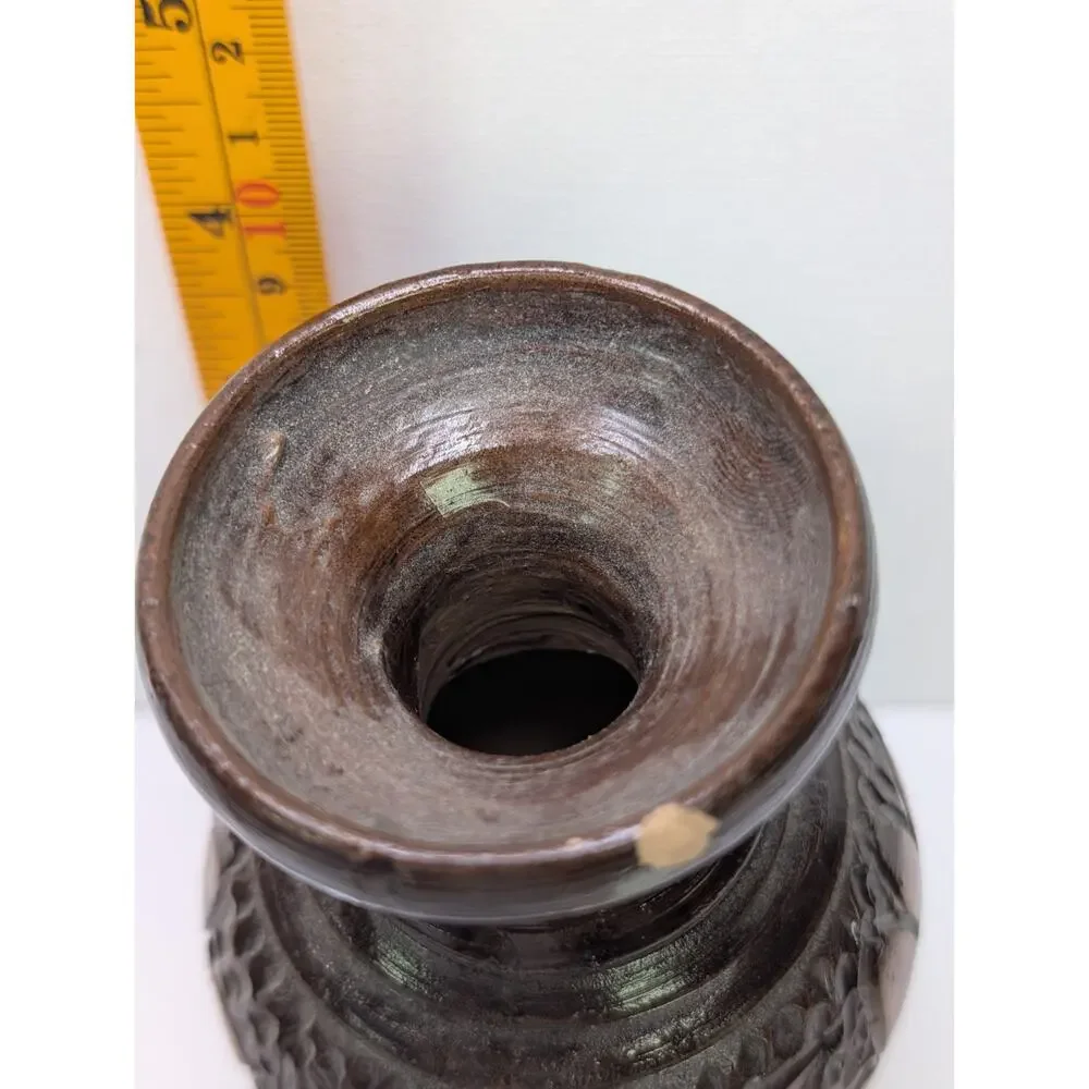 Signed Studio Pottery Vase Brown Glazed Carved Floral Handmade 4.5